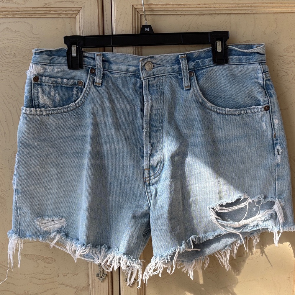 Agolde Distressed Light Blue Jean Shorts